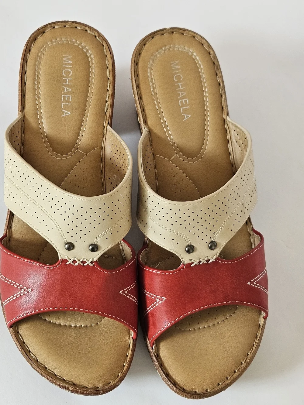 MICHAELA Women's Comfort Wedge Sandals Mules Colorblock Red Cream Size EU 40